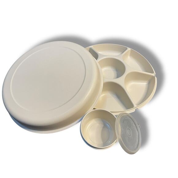 Vintage Tupperware Serving Center Divided Veggie Snack Dip Lid Almond 1665 1667 - Picture 10 of 10